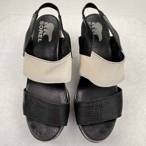 Sorel Womens 7.5 Wedge Sandals Black Beige Strappy Joanie II Slingback Chevron - Picture 8 of 13
